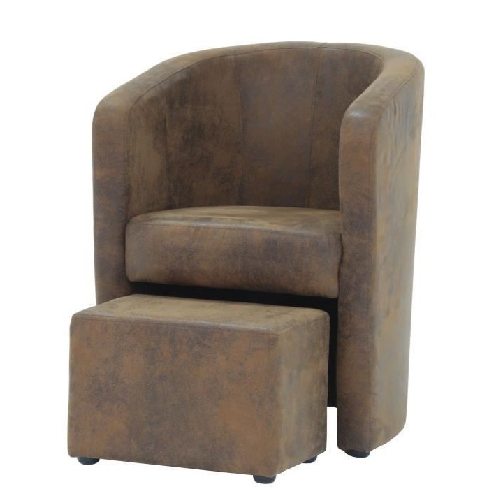 NUNO Fauteuil cabriolet + pouf en microfibre vintage marron - L 59 x P