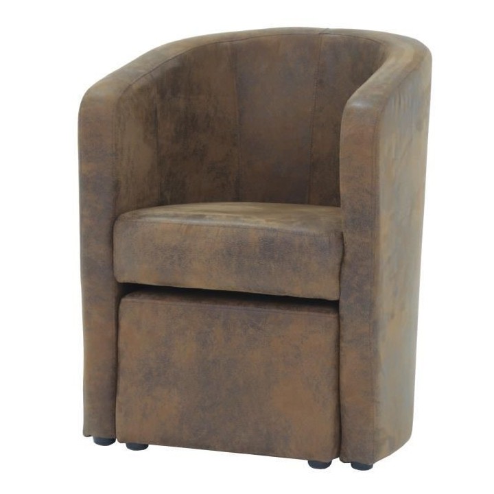 NUNO Fauteuil cabriolet + pouf en microfibre vintage marron - L 59 x P