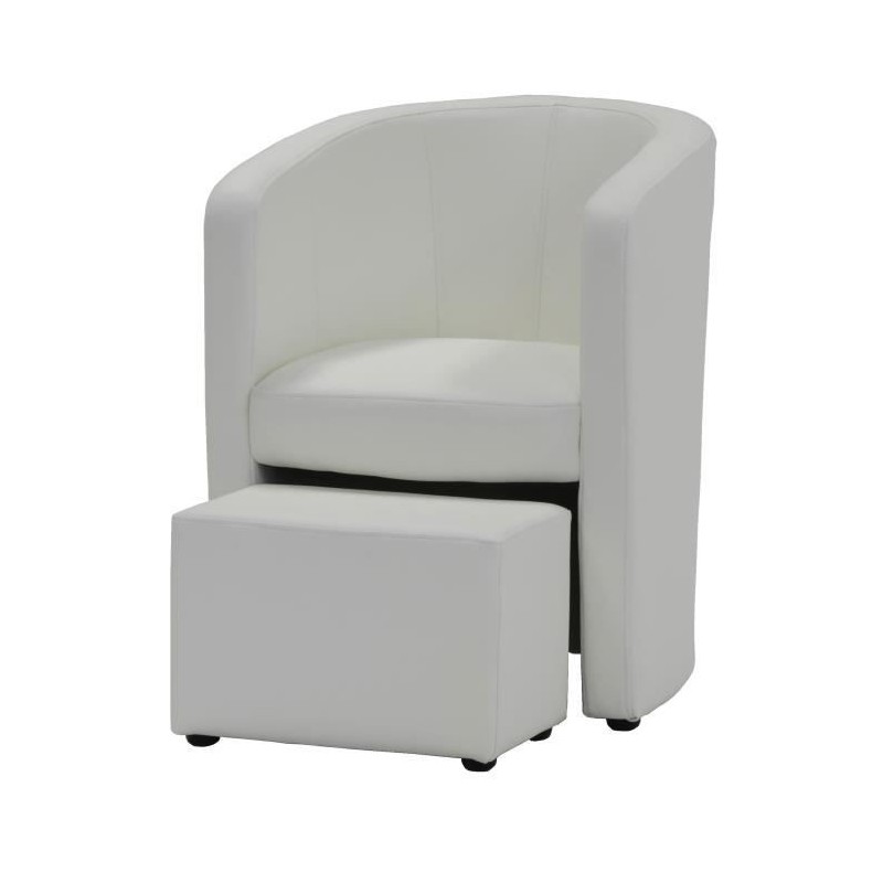 NUNO Fauteuil cabriolet + pouf en simili blanc - L 59 x P 63 x H 77 cm