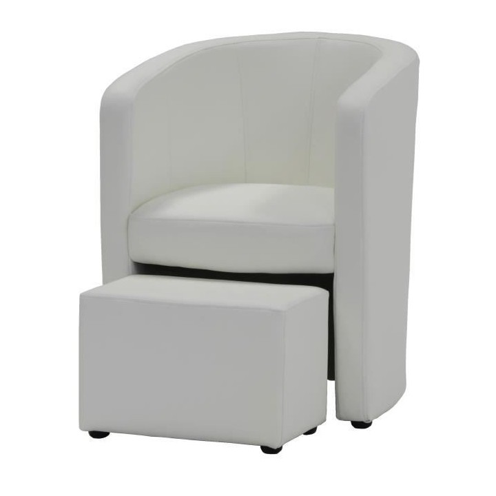 NUNO Fauteuil cabriolet + pouf en simili blanc - L 59 x P 63 x H 77 cm