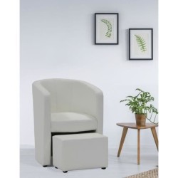 NUNO Fauteuil cabriolet + pouf en simili blanc - L 59 x P 63 x H 77 cm