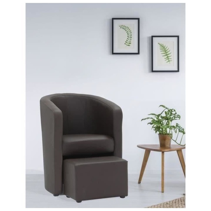NUNO Fauteuil cabriolet + pouf en simili marron - L 59 x P 63 x H 77 c