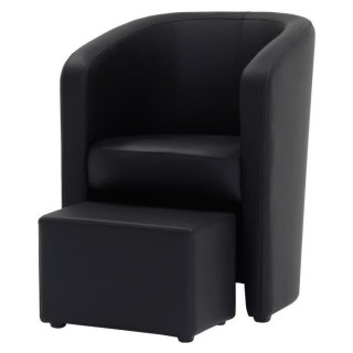 NUNO Fauteuil cabriolet + pouf en simili noir - L 59 x P 63 x H 77 cm