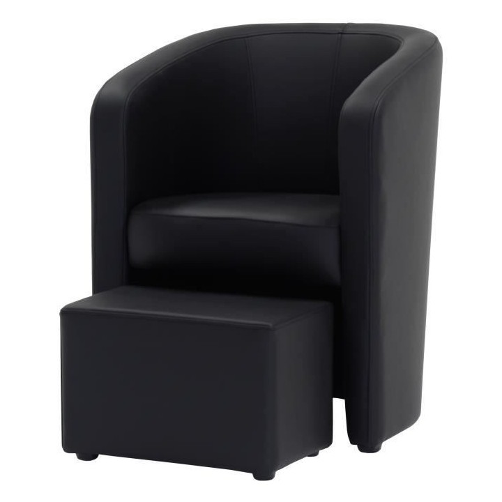 NUNO Fauteuil cabriolet + pouf en simili noir - L 59 x P 63 x H 77 cm
