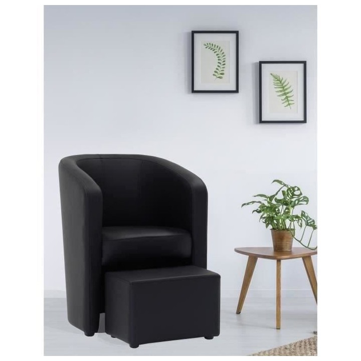 NUNO Fauteuil cabriolet + pouf en simili noir - L 59 x P 63 x H 77 cm