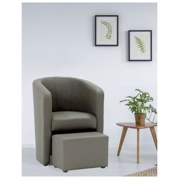 NUNO Fauteuil cabriolet + pouf en simili taupe - L 59 x P 63 x H 77 cm