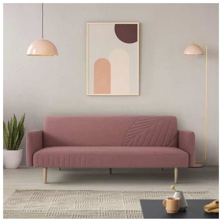 Banquette convertible 2 places en bois - Tissu Rose - L 202 x P 97 x H