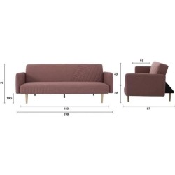 Banquette convertible 2 places en bois - Tissu Rose - L 202 x P 97 x H 79 cm - STELLA