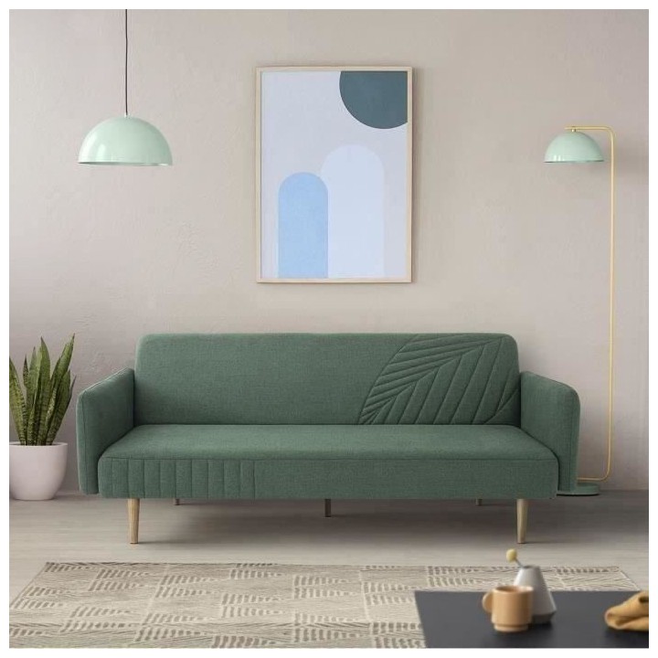 Banquette convertible 2 places en bois - Tissu Kaki - L 202 x P 97 x H