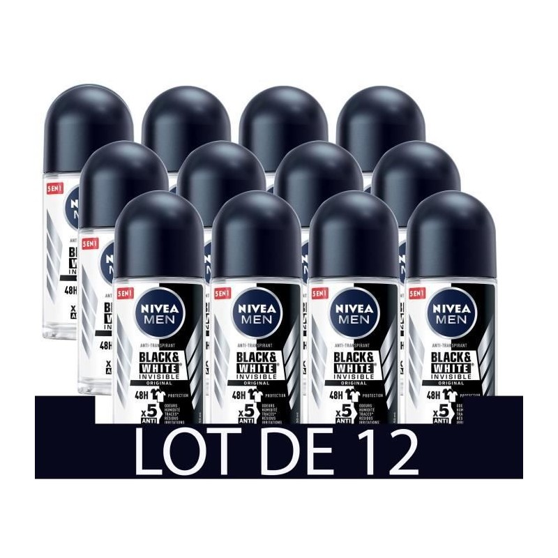 NIVEA FOR MEN Déodorant Bille Masculin Black & White - 50ml - Lot de 12