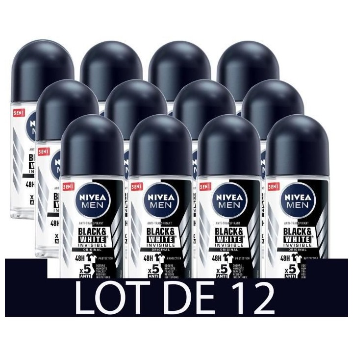 NIVEA FOR MEN Déodorant Bille Masculin Black & White - 50ml - Lot de