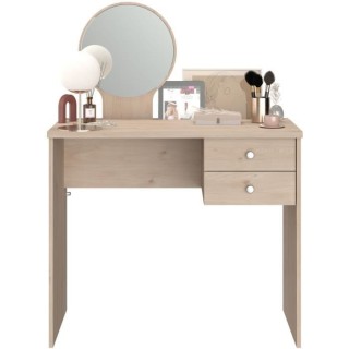 PARISOT Coiffeuse 2 tiroirs - Décor chene + miroir rond - L 91,7 x P