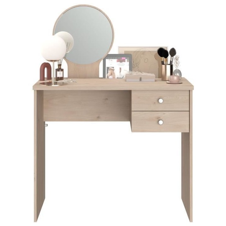 PARISOT Coiffeuse 2 tiroirs - Décor chene + miroir rond - L 91,7 x P