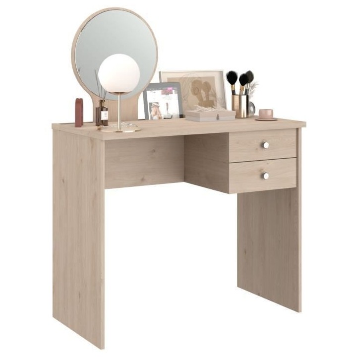 PARISOT Coiffeuse 2 tiroirs - Décor chene + miroir rond - L 91,7 x P