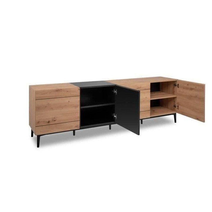 Buffet NOLA - Décor chene et noir - 4 portes - L 200 x P 42 x H 65 cm