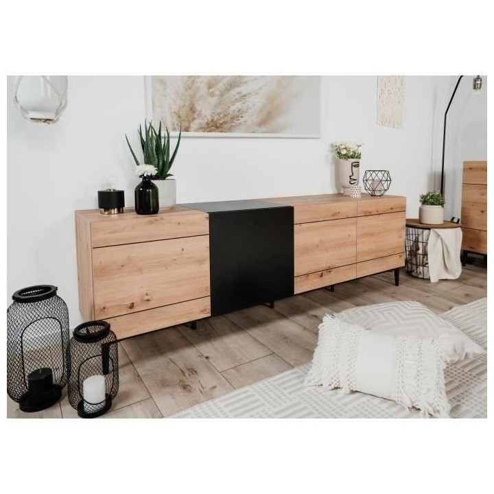 Buffet NOLA - Décor chene et noir - 4 portes - L 200 x P 42 x H 65 cm