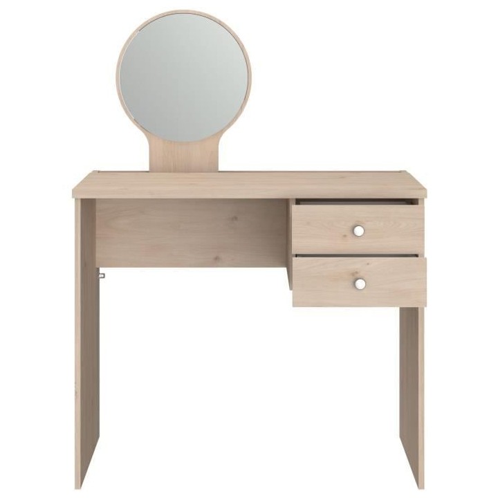 PARISOT Coiffeuse 2 tiroirs - Décor chene + miroir rond - L 91,7 x P