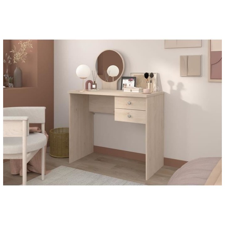 PARISOT Coiffeuse 2 tiroirs - Décor chene + miroir rond - L 91,7 x P