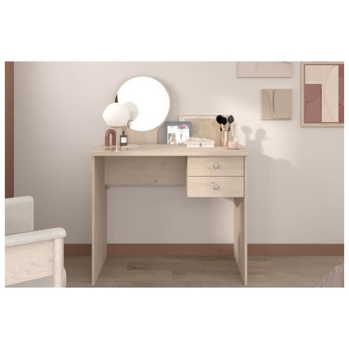 PARISOT Coiffeuse 2 tiroirs - Décor chene + miroir rond - L 91,7 x P