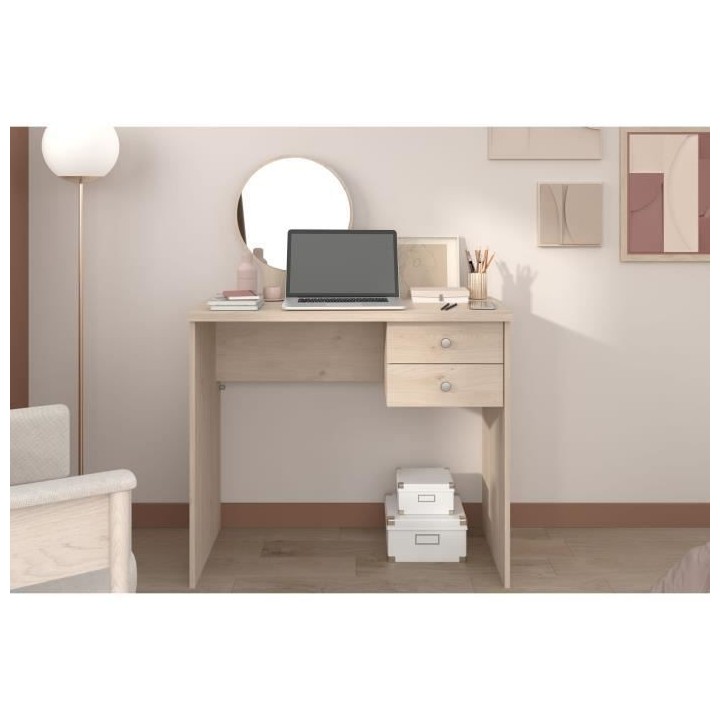 PARISOT Coiffeuse 2 tiroirs - Décor chene + miroir rond - L 91,7 x P