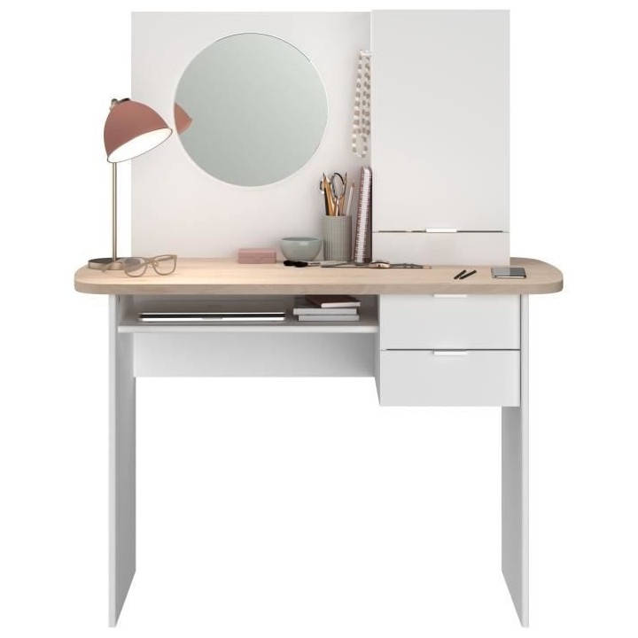 PARISOT Coiffeuse 1 porte 2 tiroirs - Décor blanc et chene + miroir r