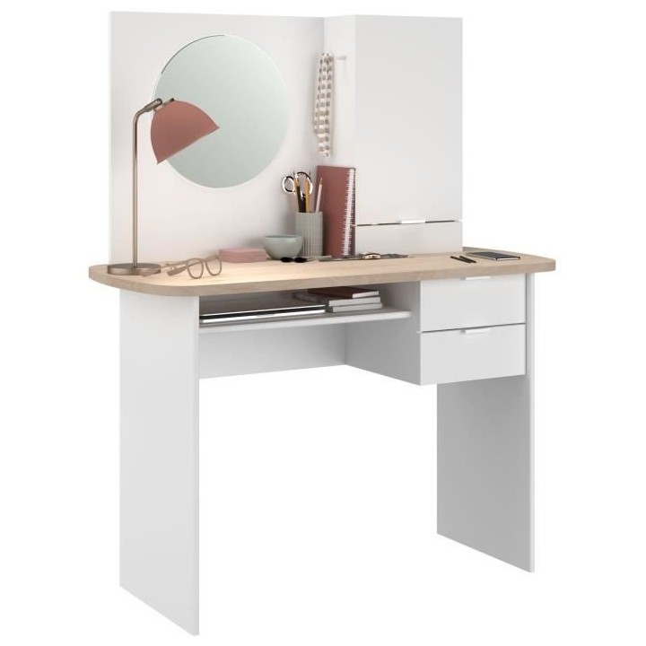 PARISOT Coiffeuse 1 porte 2 tiroirs - Décor blanc et chene + miroir r