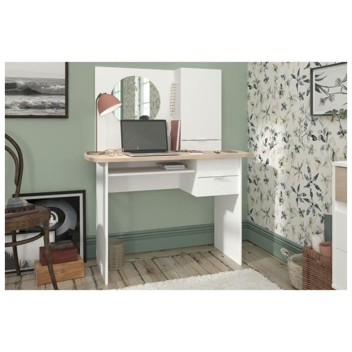 PARISOT Coiffeuse 1 porte 2 tiroirs - Décor blanc et chene + miroir r