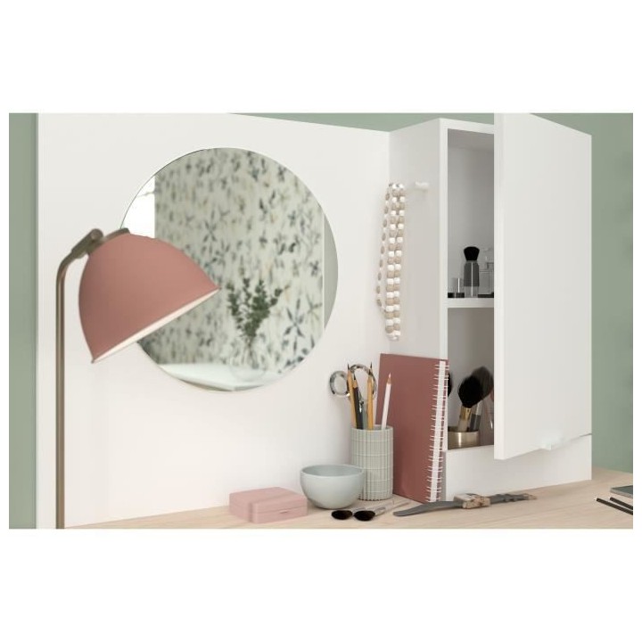 PARISOT Coiffeuse 1 porte 2 tiroirs - Décor blanc et chene + miroir r