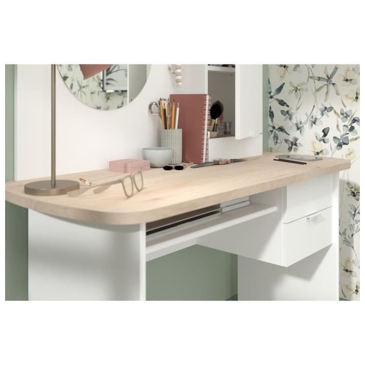 PARISOT Coiffeuse 1 porte 2 tiroirs - Décor blanc et chene + miroir r