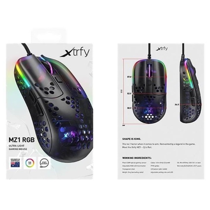 Souris Gaming Filaire - XTRFY - MZ1 Zy's Rail - Noire (MZ1-RGB-BLACK-T