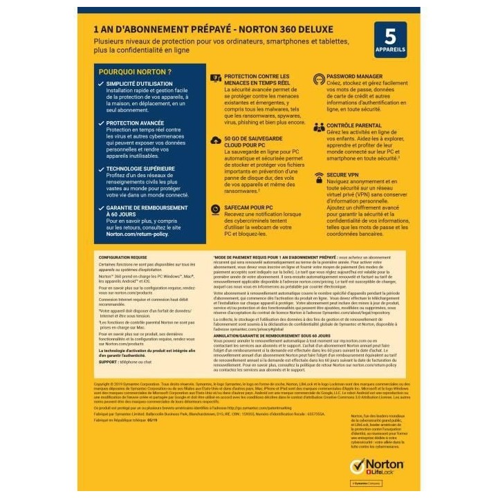 NORTON 360 Deluxe 50 Go FR 1 Utilisateur 5 Appareils - 12 Mo STD RET E