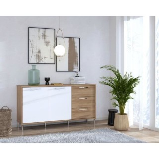 Buffet NORTH PINE - décor chene et blanc brillant - style classique -