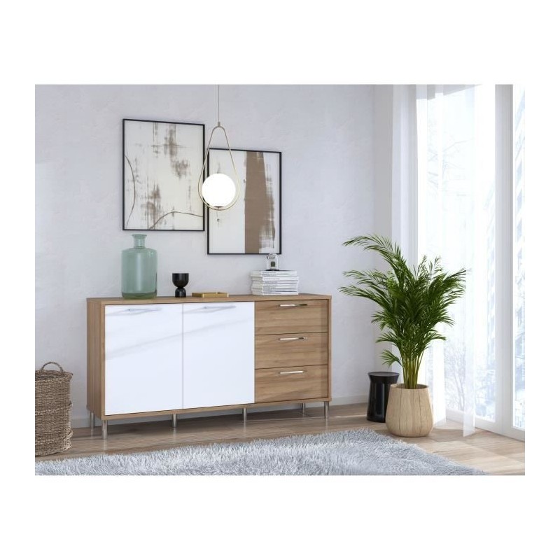 Buffet NORTH PINE - décor chene et blanc brillant - style classique - 2 portes - L 159,2 x P 42 x H 84 cm