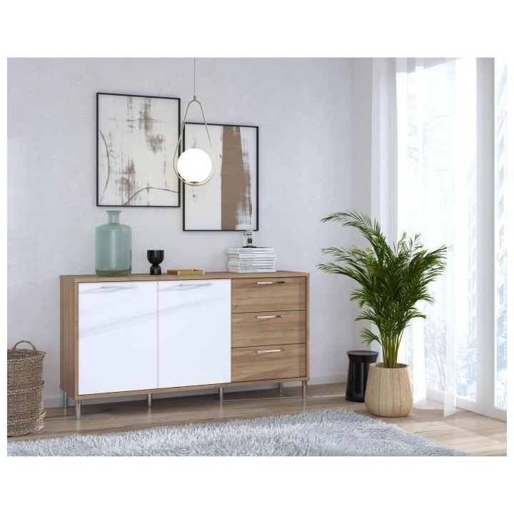 Buffet NORTH PINE - décor chene et blanc brillant - style classique -