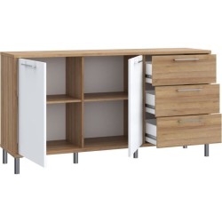 Buffet NORTH PINE - décor chene et blanc brillant - style classique - 2 portes - L 159,2 x P 42 x H 84 cm