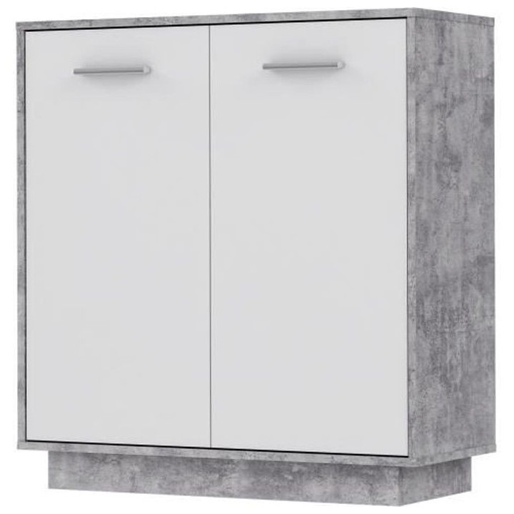 Petit buffet - Meuble de rangement PILVI - 2 portes - Blanc et béton