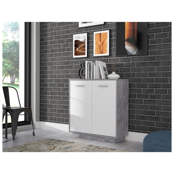 Petit buffet - Meuble de rangement PILVI - 2 portes - Blanc et béton