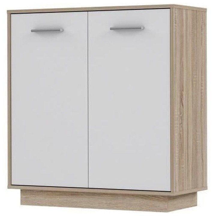 Petit buffet Meuble de rangement PILVI - 2 portes - Blanc et chene son