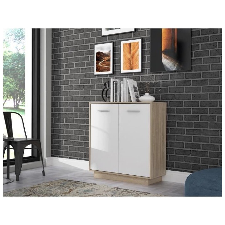 Petit buffet Meuble de rangement PILVI - 2 portes - Blanc et chene son