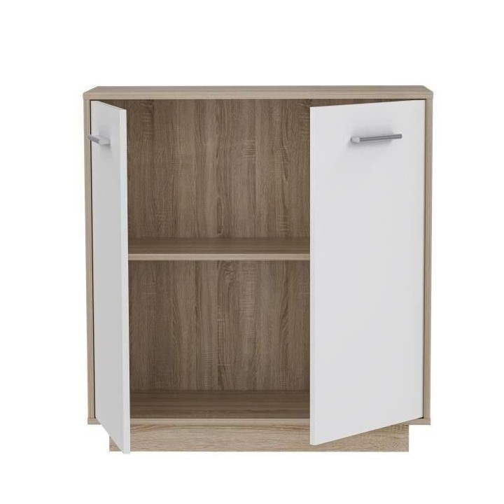Petit buffet Meuble de rangement PILVI - 2 portes - Blanc et chene son