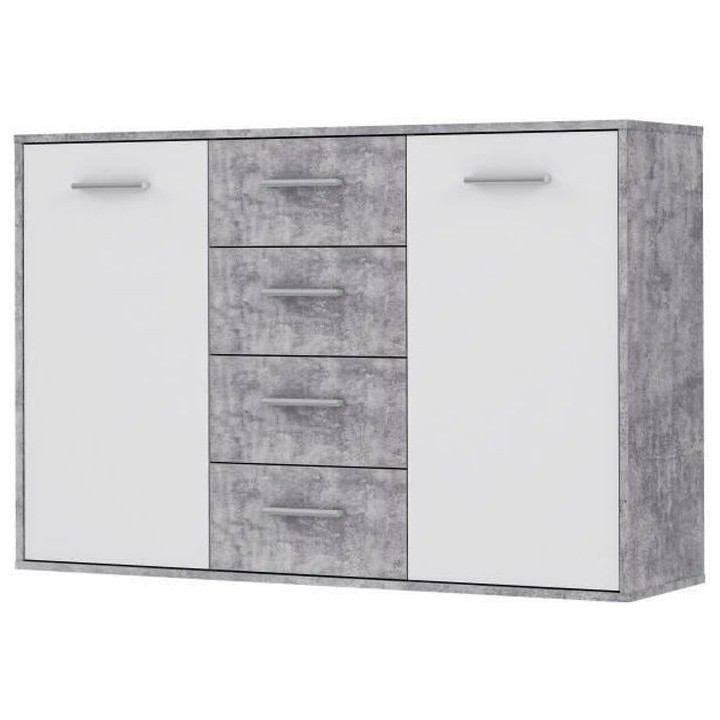 Buffet bas PILVI - 2 portes et 4 tiroirs - Blanc et béton clair - L 1