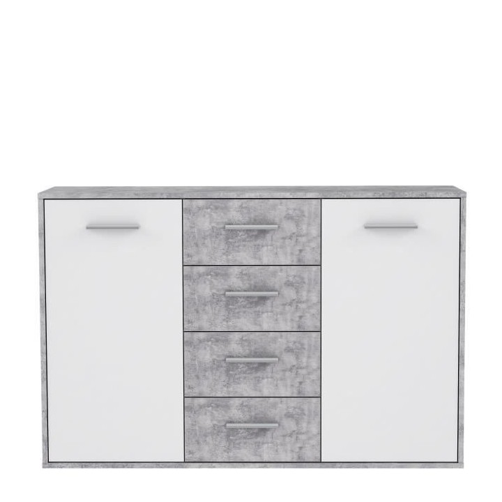 Buffet bas PILVI - 2 portes et 4 tiroirs - Blanc et béton clair - L 1
