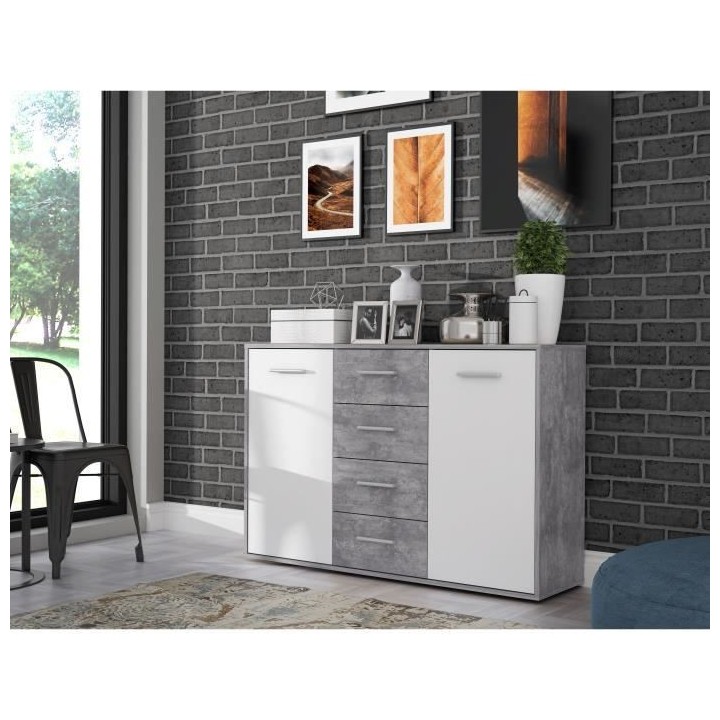 Buffet bas PILVI - 2 portes et 4 tiroirs - Blanc et béton clair - L 1