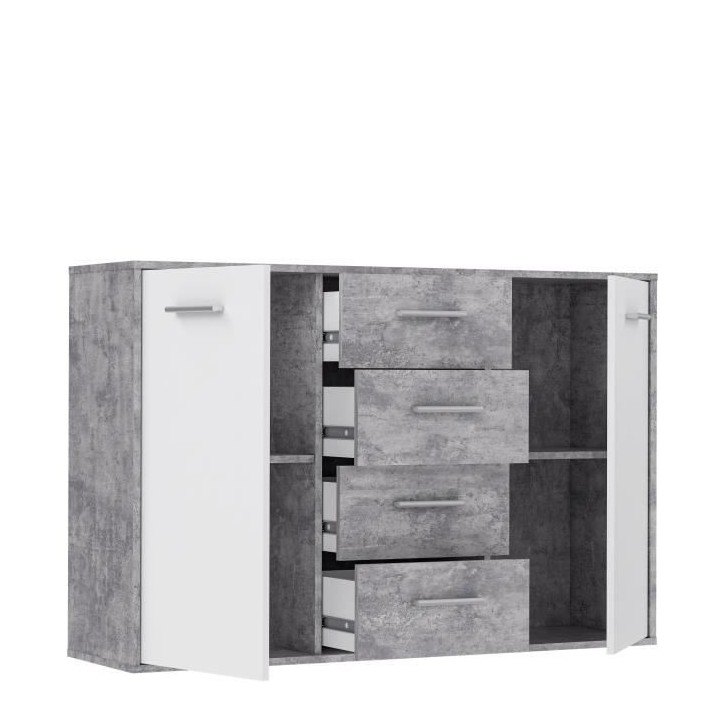Buffet bas PILVI - 2 portes et 4 tiroirs - Blanc et béton clair - L 1