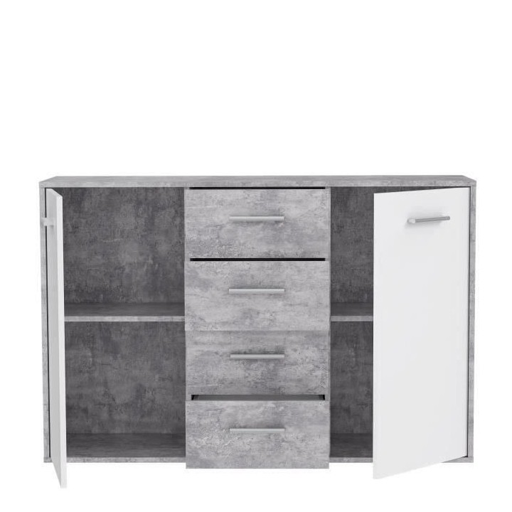 Buffet bas PILVI - 2 portes et 4 tiroirs - Blanc et béton clair - L 1