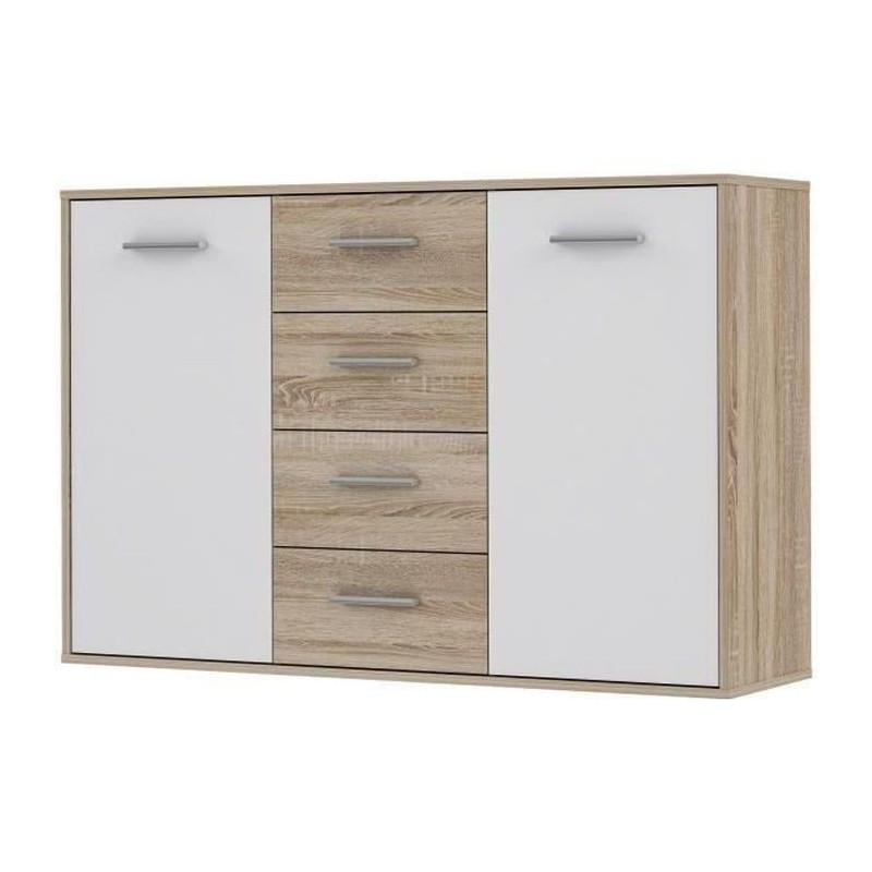 Buffet bas PILVI - 2 portes et 4 tiroirs - Blanc et chene sonoma - L 122,6 x P 34,2 x H 81,1 cm