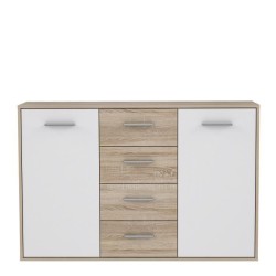 Buffet bas PILVI - 2 portes et 4 tiroirs - Blanc et chene sonoma - L 122,6 x P 34,2 x H 81,1 cm