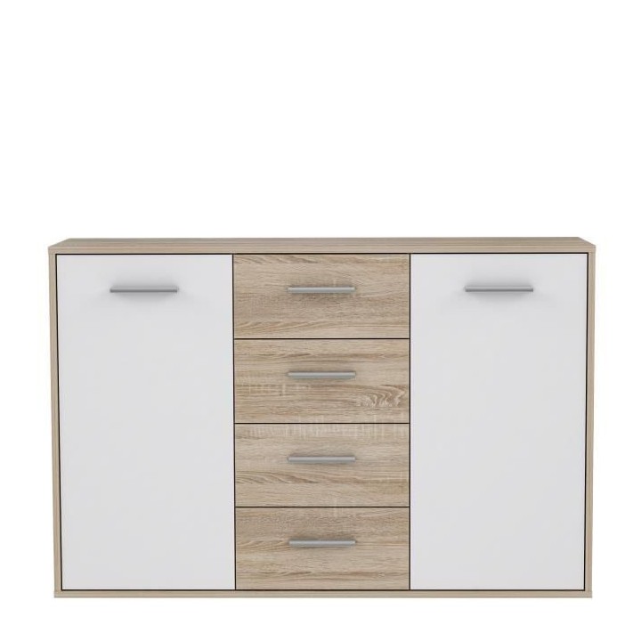 Buffet bas PILVI - 2 portes et 4 tiroirs - Blanc et chene sonoma - L 1