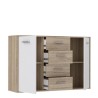 Buffet bas PILVI - 2 portes et 4 tiroirs - Blanc et chene sonoma - L 122,6 x P 34,2 x H 81,1 cm