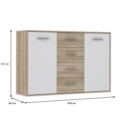 Buffet bas PILVI - 2 portes et 4 tiroirs - Blanc et chene sonoma - L 122,6 x P 34,2 x H 81,1 cm